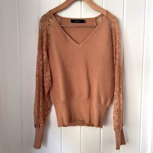 Zesica V-Neck Lace Patchwork Sweater with Lace Sleeves S Small